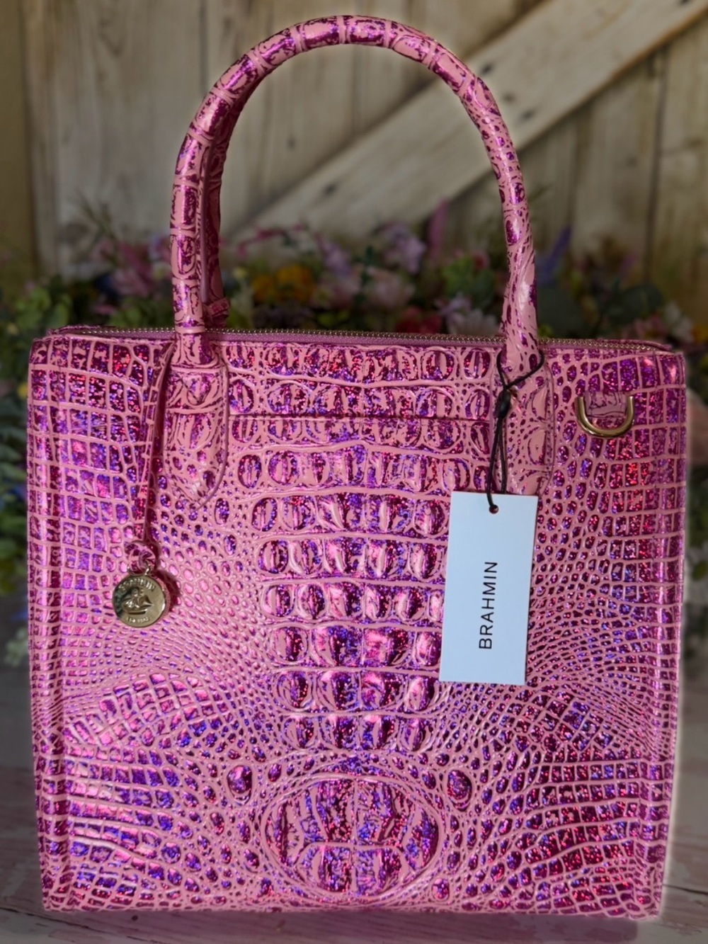 NWT Brahmin Caroline Empower Melbourne Leather Pink Purple sparkle FIRM $ 2 EYES - Picture 14 of 16